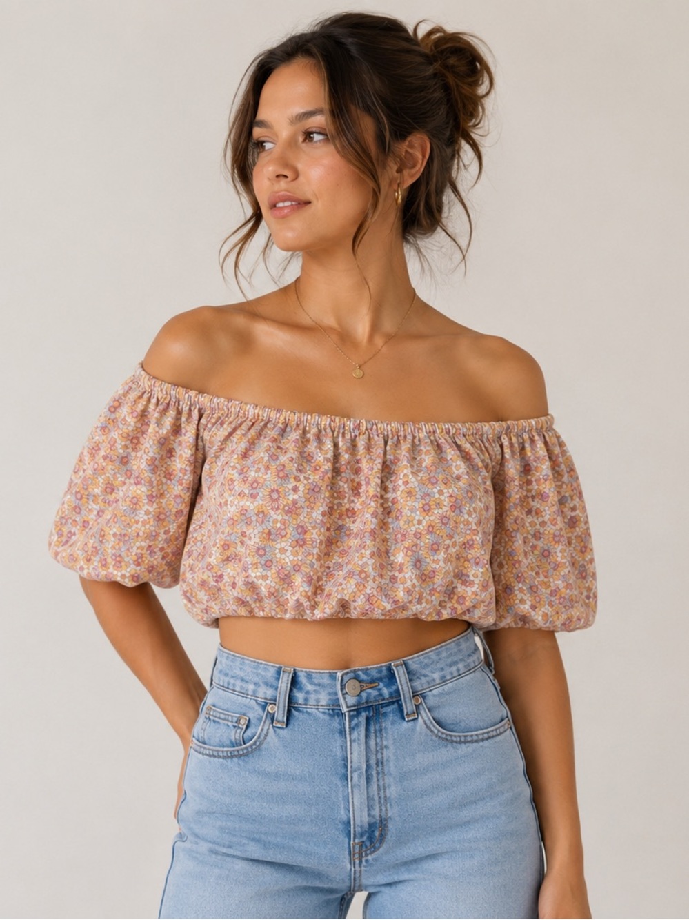 Zara Floral Puff Sleeve Off-the-Shoulder Crop Top Boho Cottagecore Small NWT